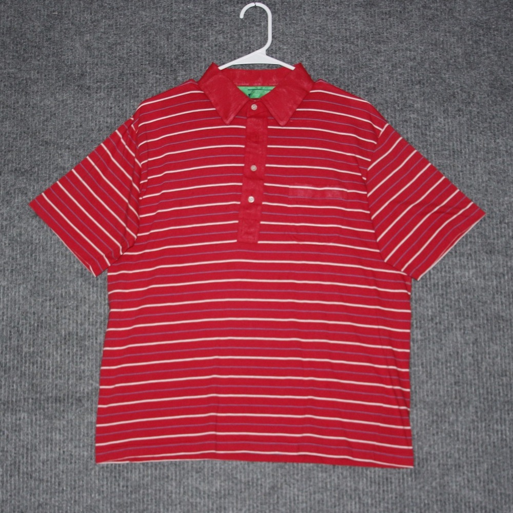 On Course Red Striped Polo Shirt Short Sleeve Mens L Button Neck Golf Soft‎